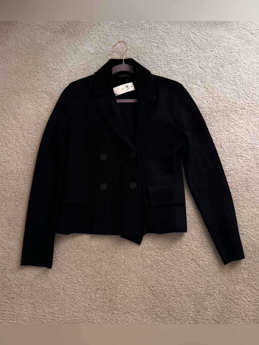 NEW Ann Taylor Merino Wool Double Breasted Blazer Stretch Knit Jacket Coat Black